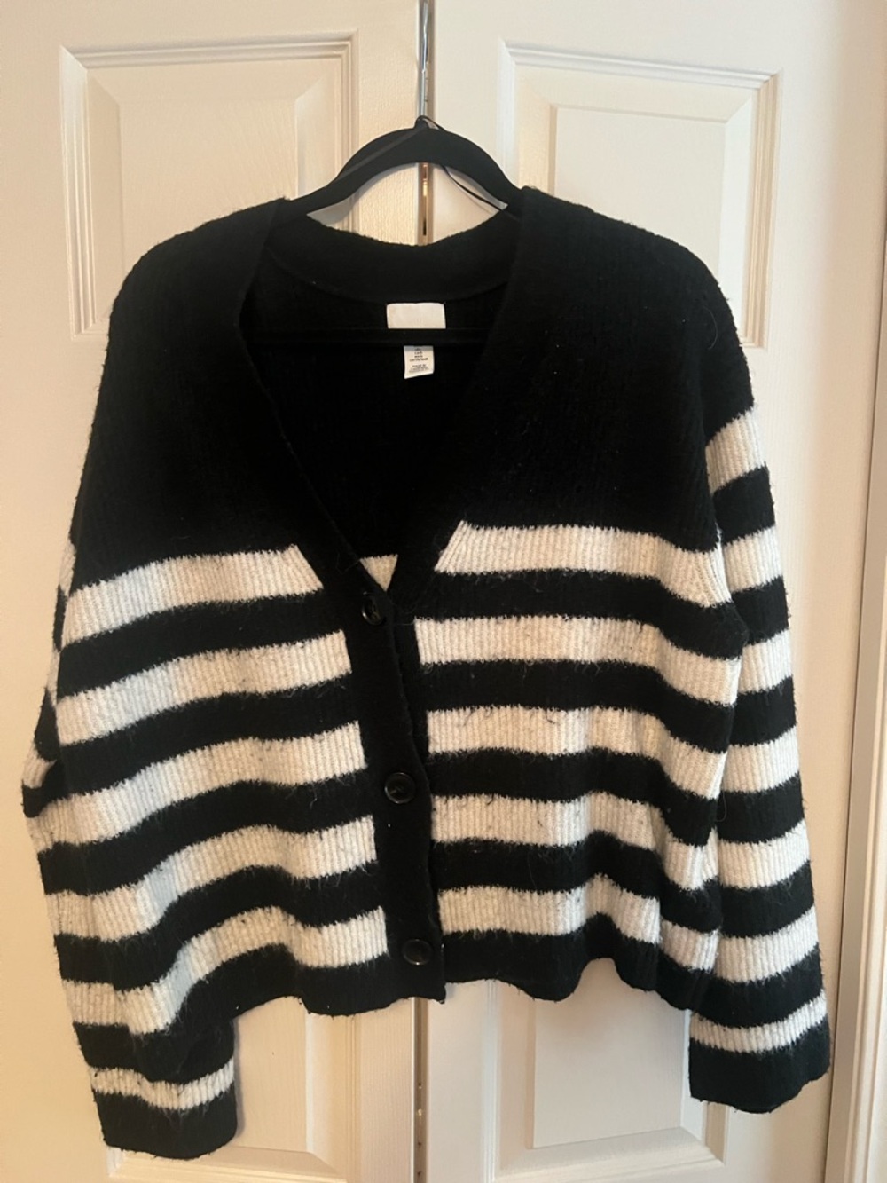 H&M Black and White Striped V-Neck Button-Up Cardigan